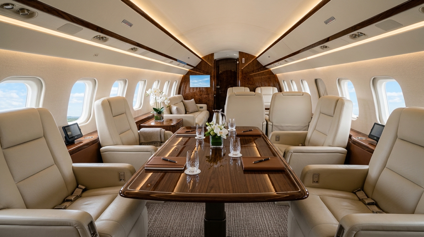 Intérieur luxueux d'un jet privé Gulfstream G650 avec sièges en cuir et finitions premium