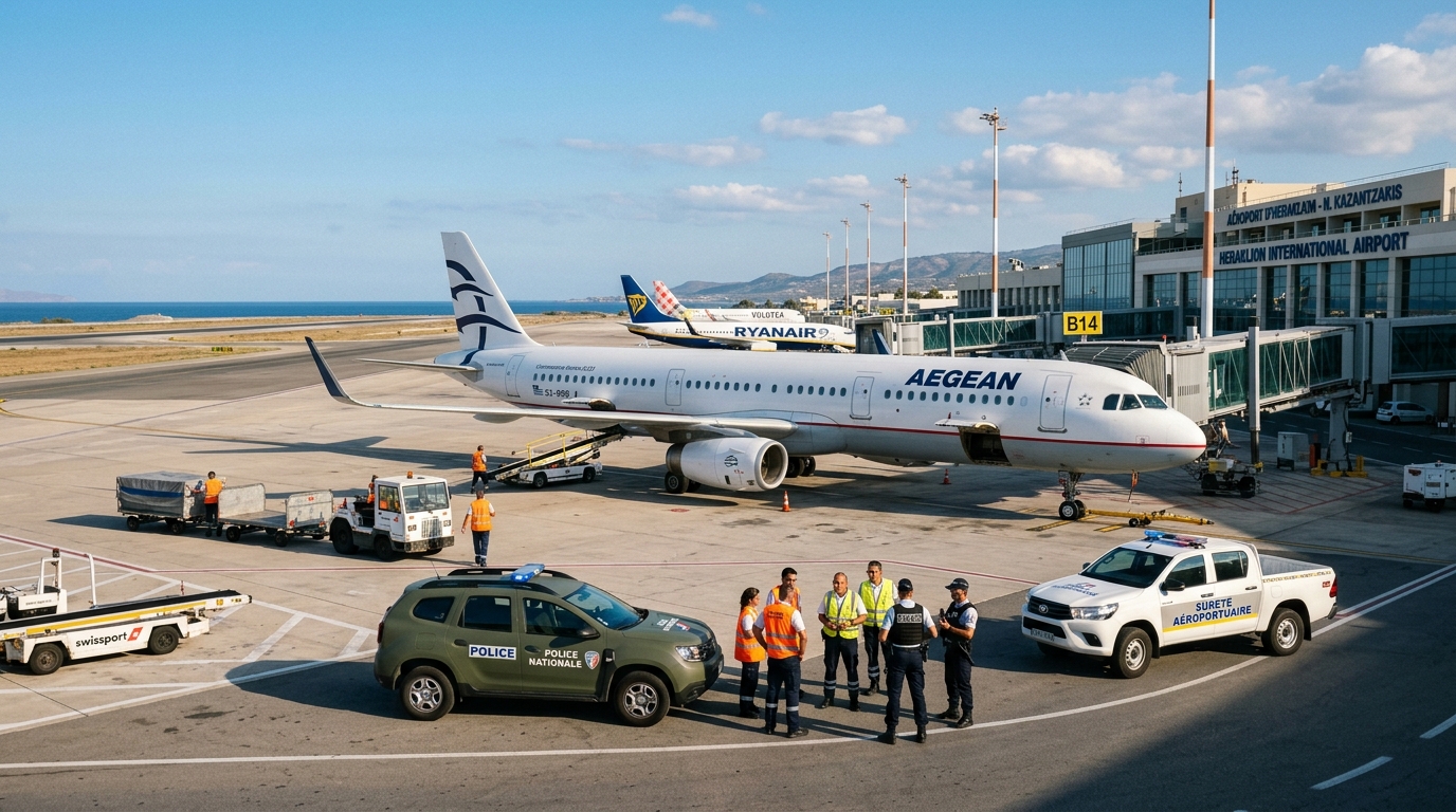 Aéroport de Palma de Majorque, avion au sol entouré de véhicules de sécurité
