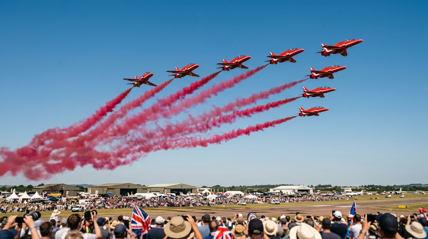 Patrouille acrobatique Red Arrows en formation lors d'un show aérien en Grèce