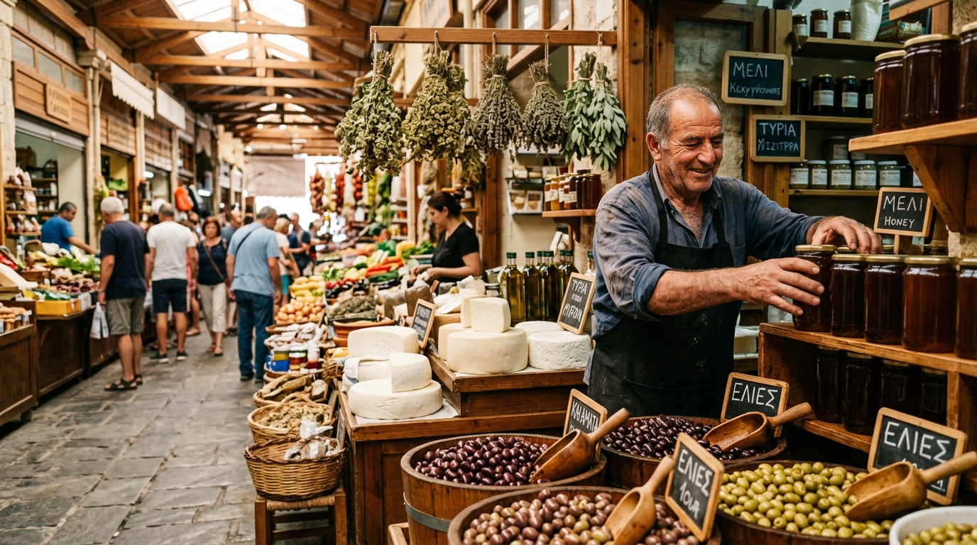 Marché local crétois avec produits frais, olives et fromages