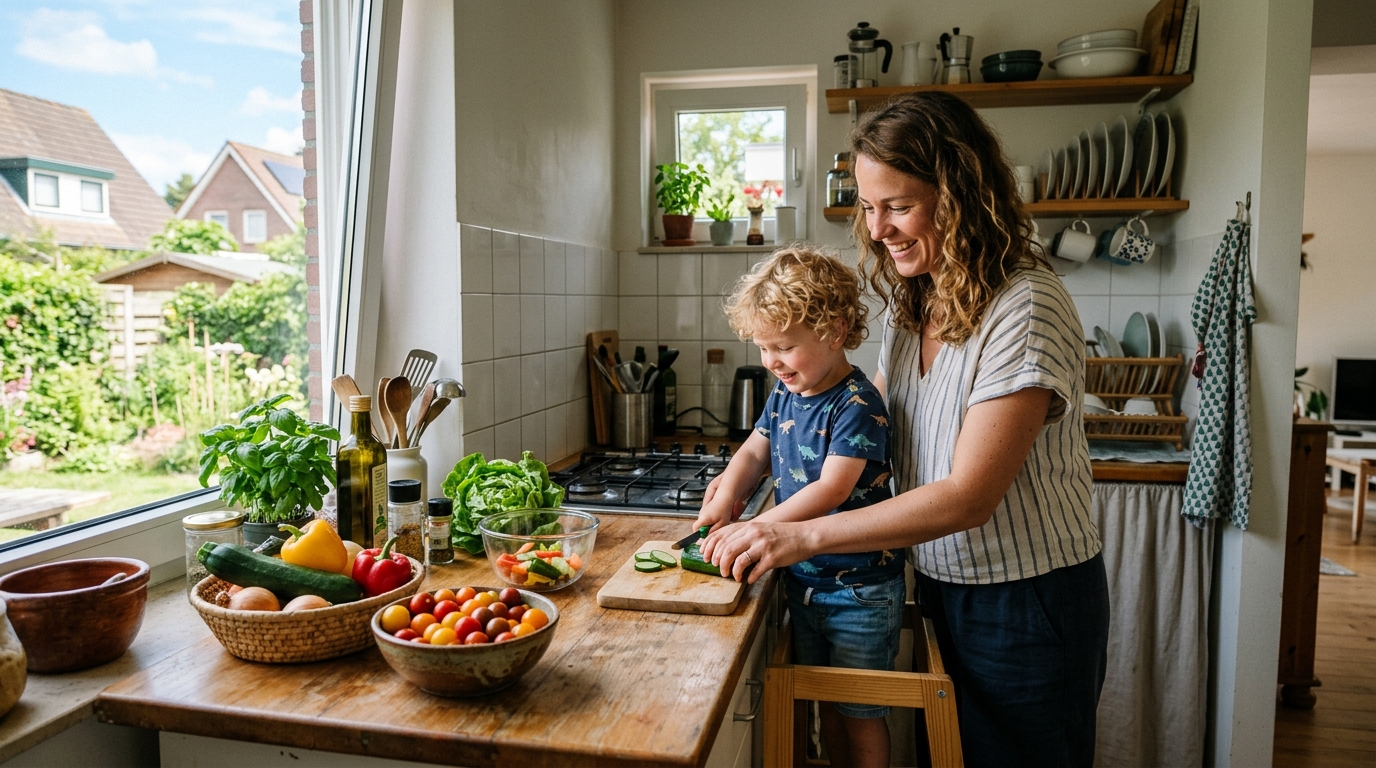 Mère et enfant préparant un repas dans la cuisine d'un appartement de vacances