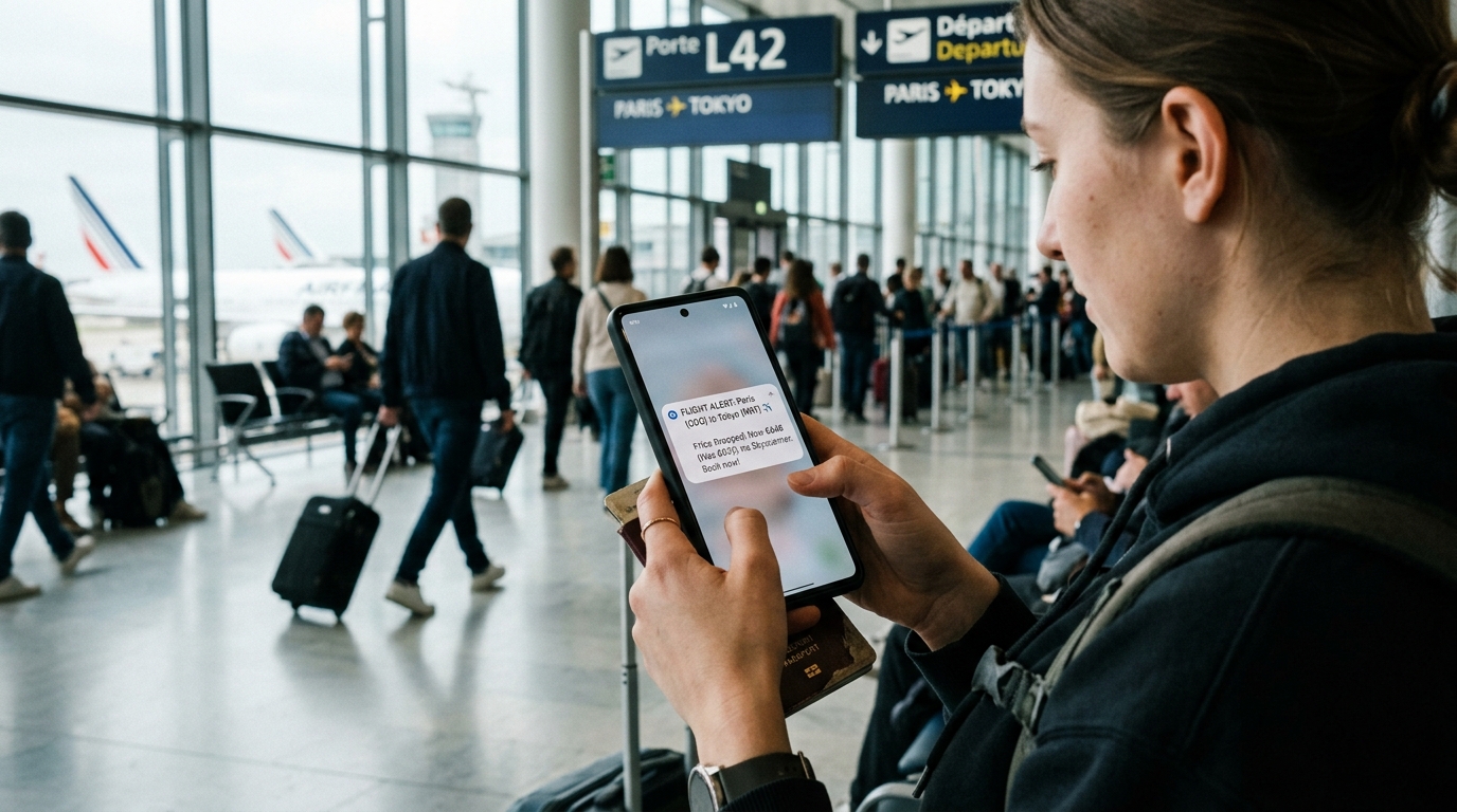 Notification d'alerte de baisse de prix vol sur smartphone