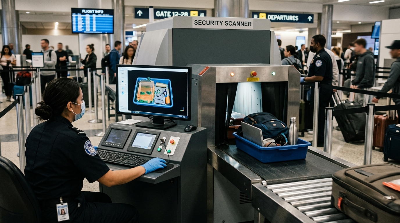 Nouveau scanner de sécurité à Brussels Airport avec passager qui passe son bagage sans le vider