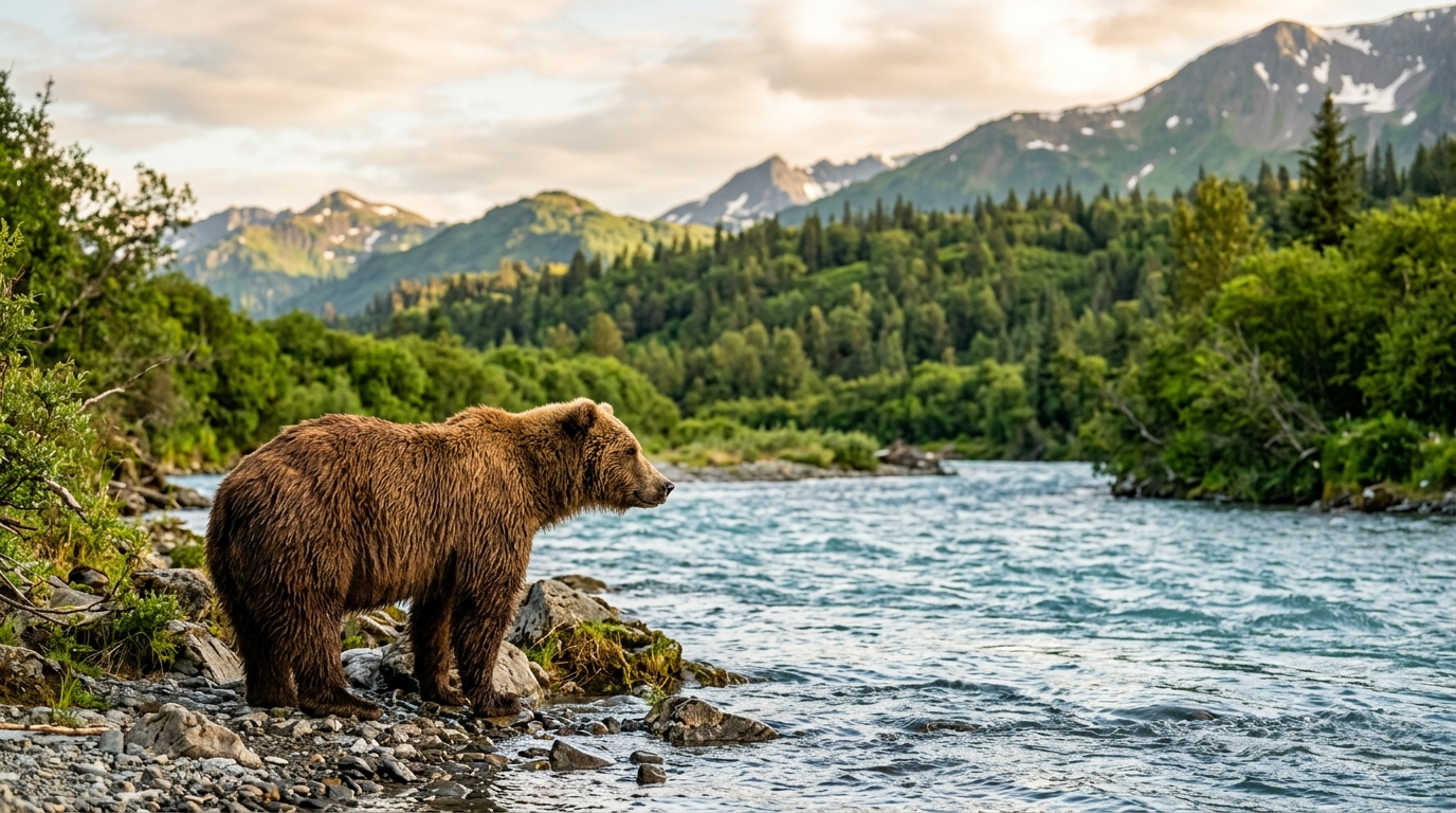 Ours brun au bord d'une rivière glaciaire en Alaska dans le parc Wrangell-St. Elias