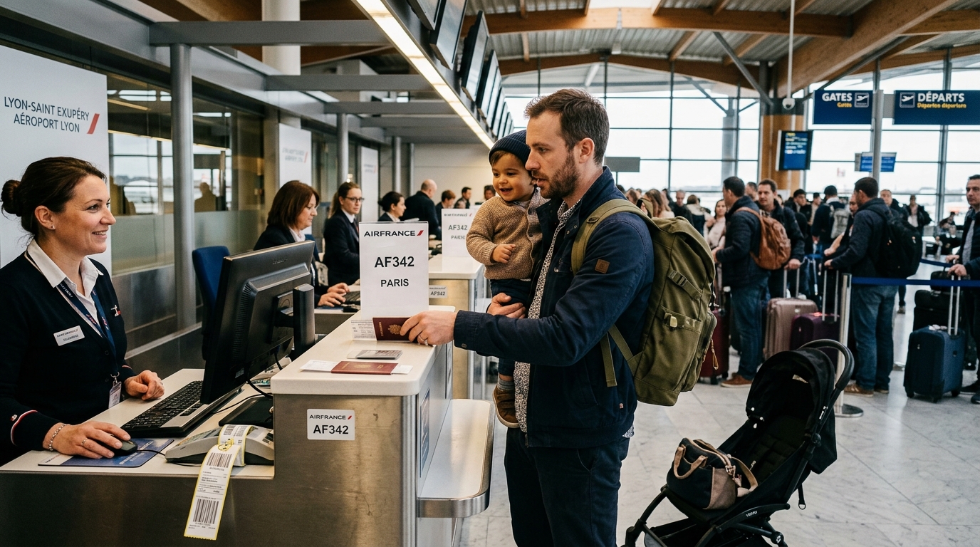 Papa avec poussette et enfant au check-in aéroport