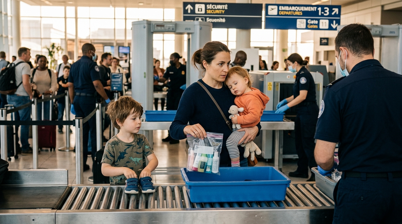 Famille avec enfants au contrôle de sécurité d'un aéroport