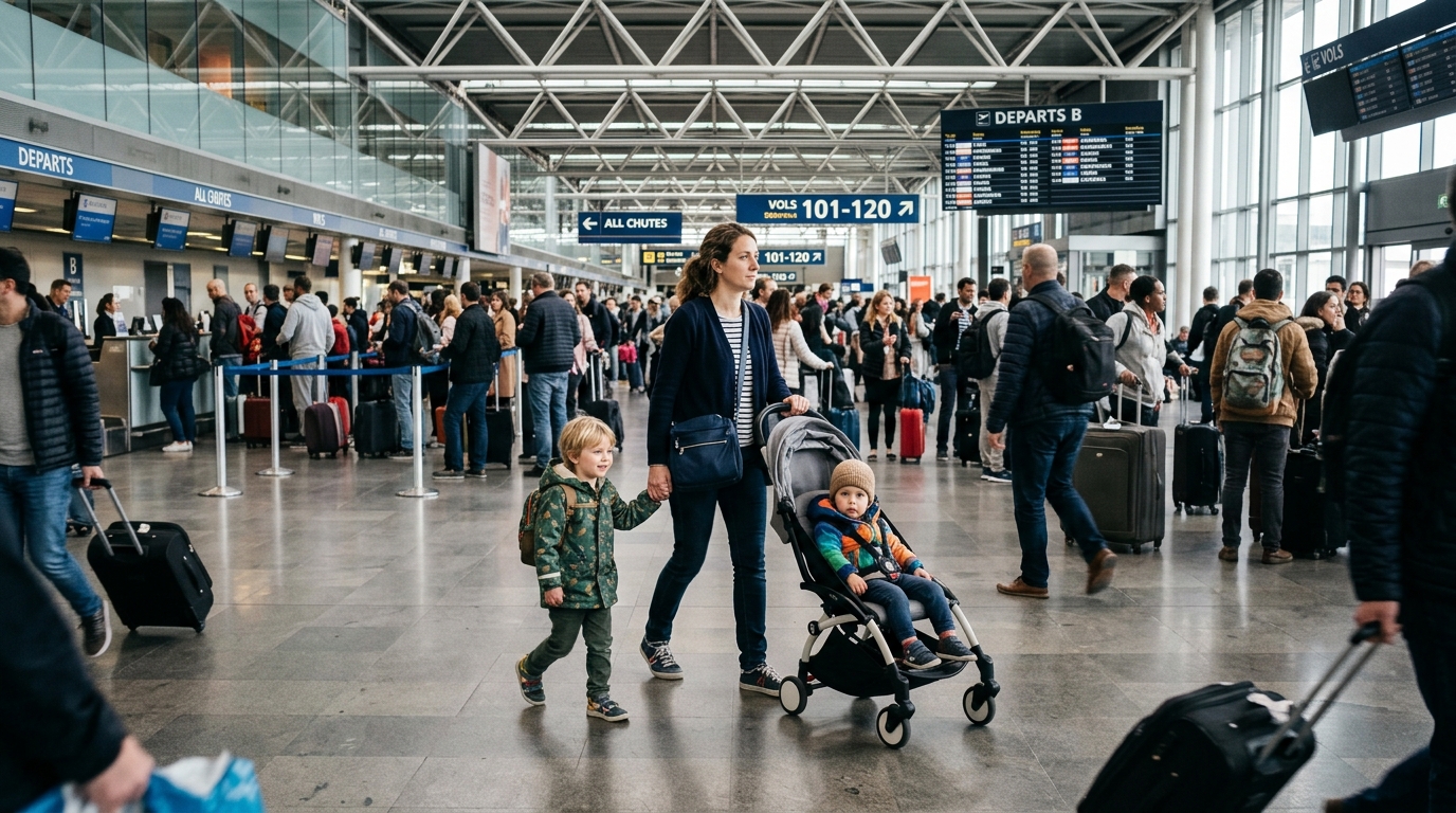 Parent avec bébé et poussette dans un terminal d'aéroport