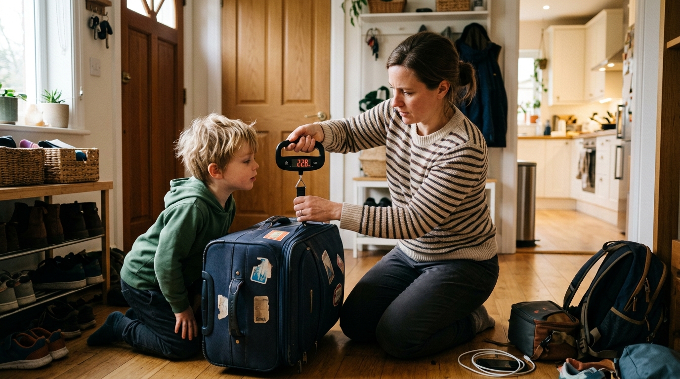 Parent en train de peser une valise avec un pèse-bagage avant un départ en famille