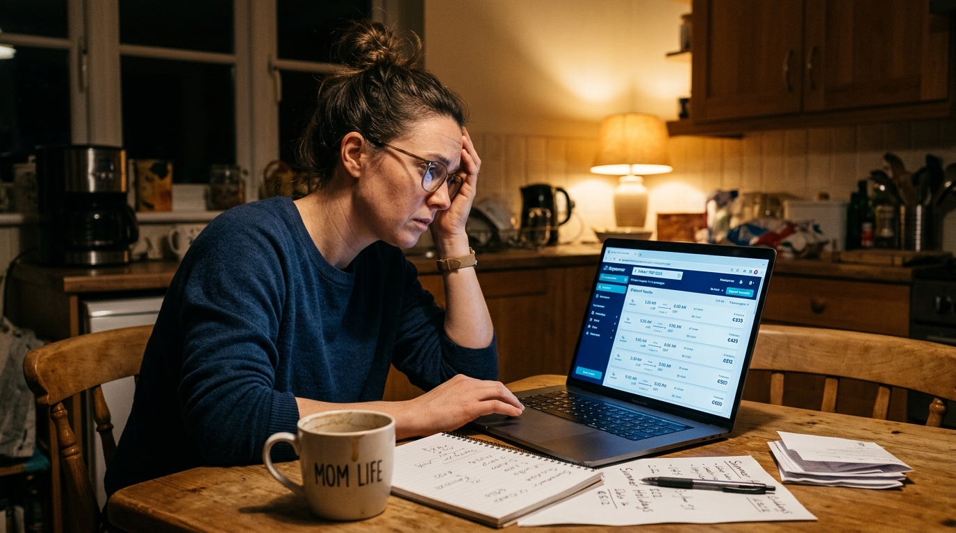 Parent qui compare les prix de vol famille sur un ordinateur portable
