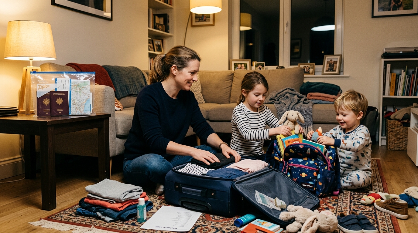 Parent qui prépare les bagages famille avec enfants avant l'aéroport