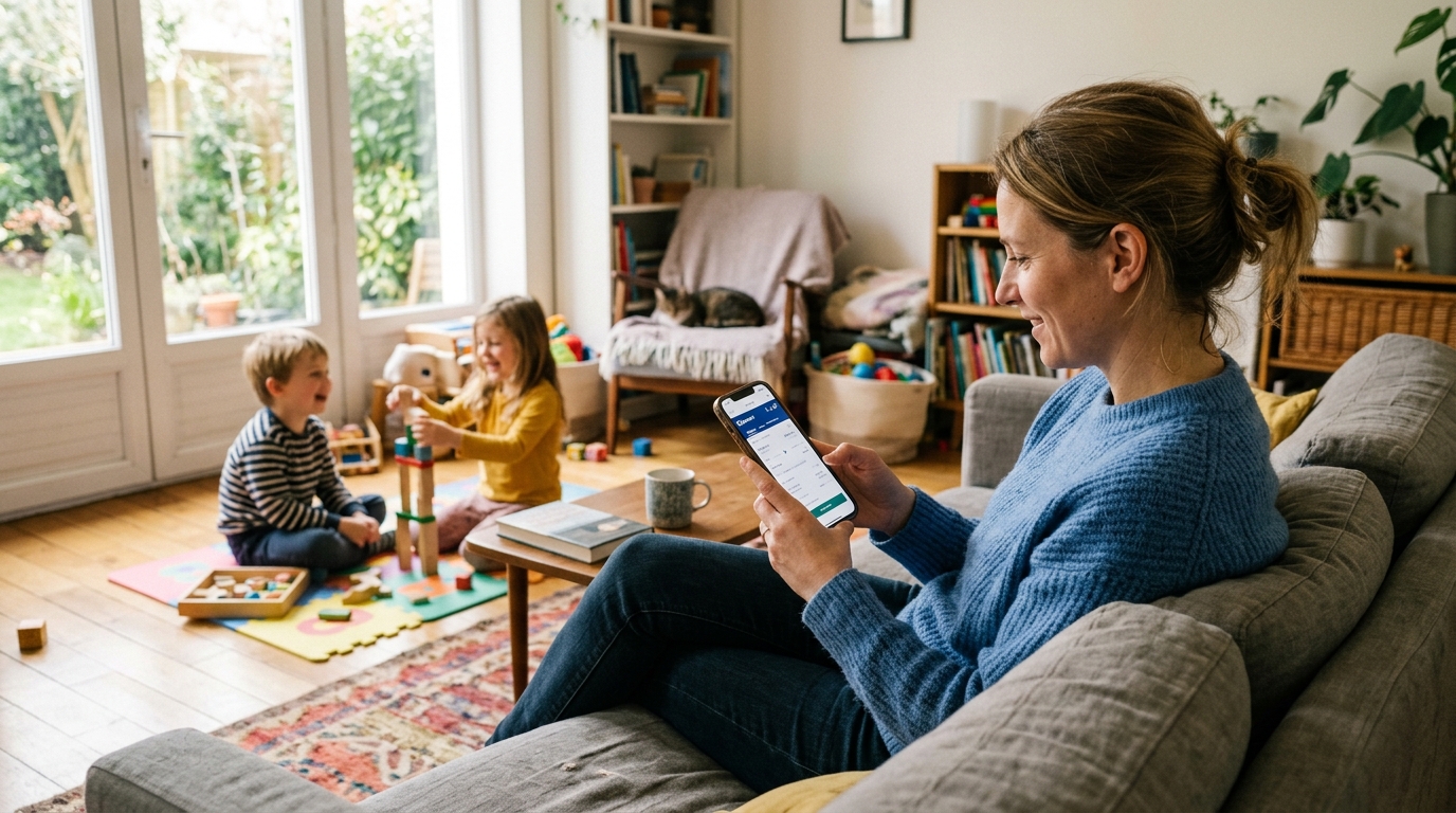 Parent qui utilise une appli de comparaison de vols pour la famille