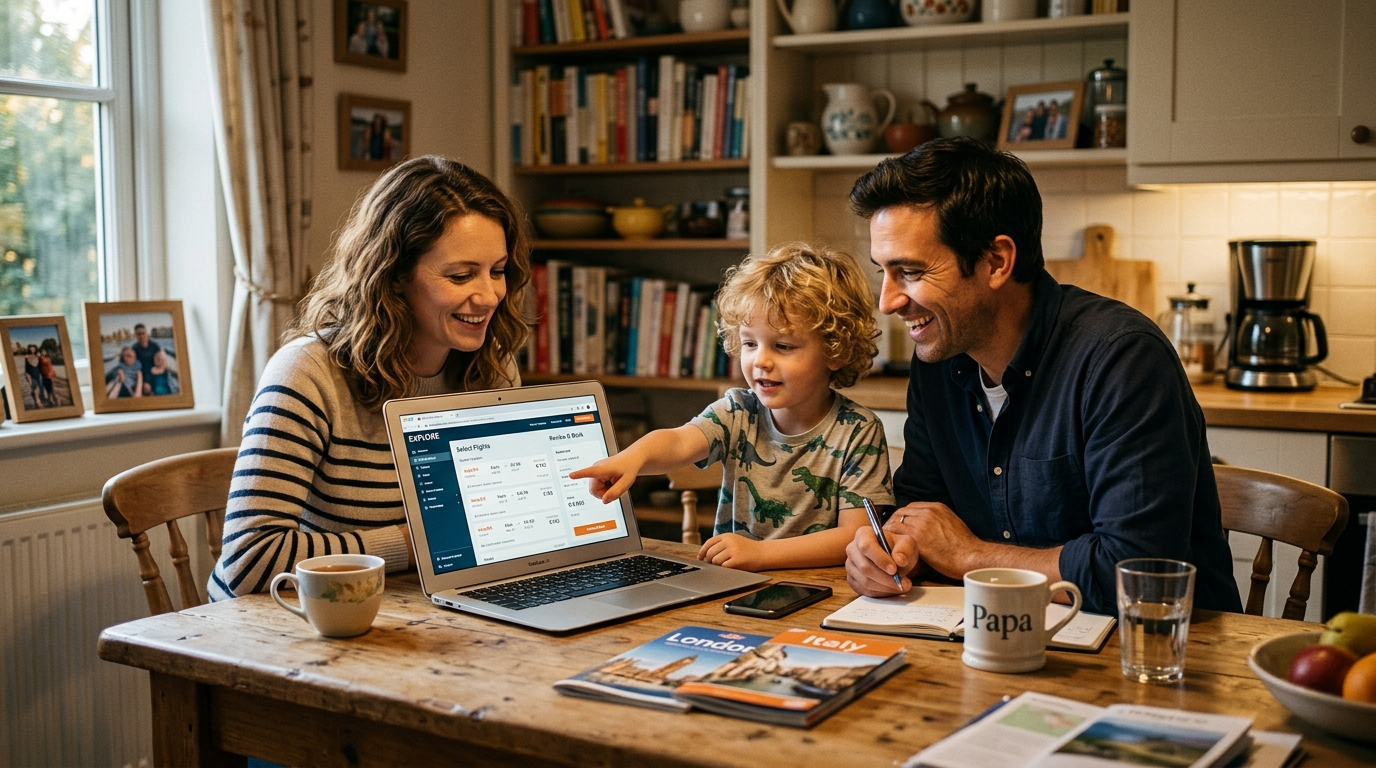 Parents avec deux enfants regardant un écran de réservation de vol en famille