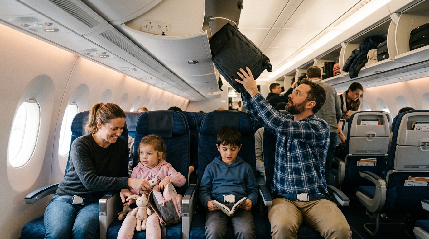 Parents et enfants dans un avion long-courrier, enfants regardant par le hublot