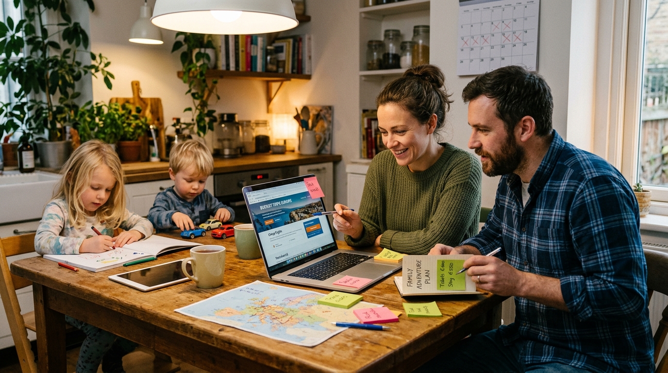 Parents qui planifient un voyage famille low cost à la maison