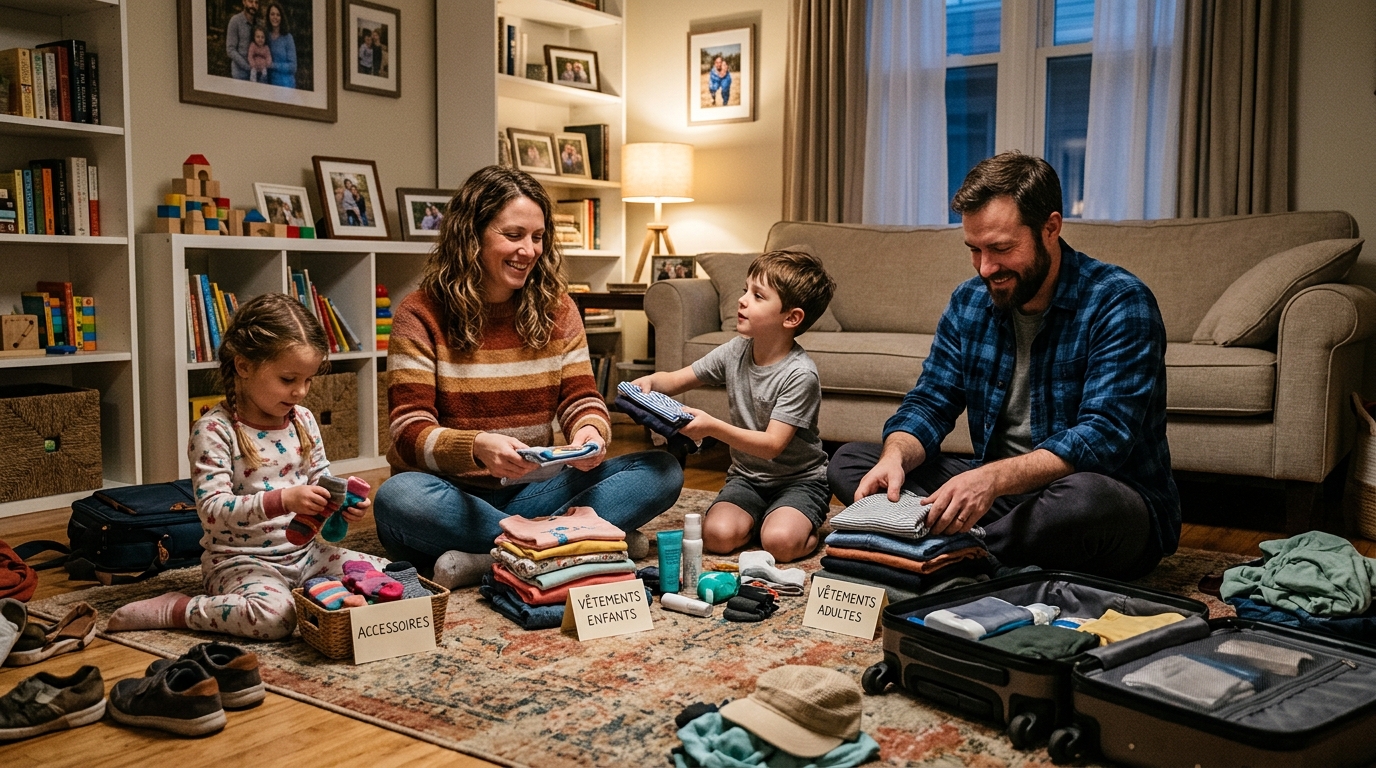 Famille en train de préparer ses valises ensemble dans un salon avant un voyage