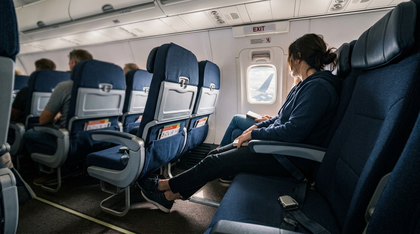 Passager installé dans un siège spacieux d'avion avec espace pour les jambes
