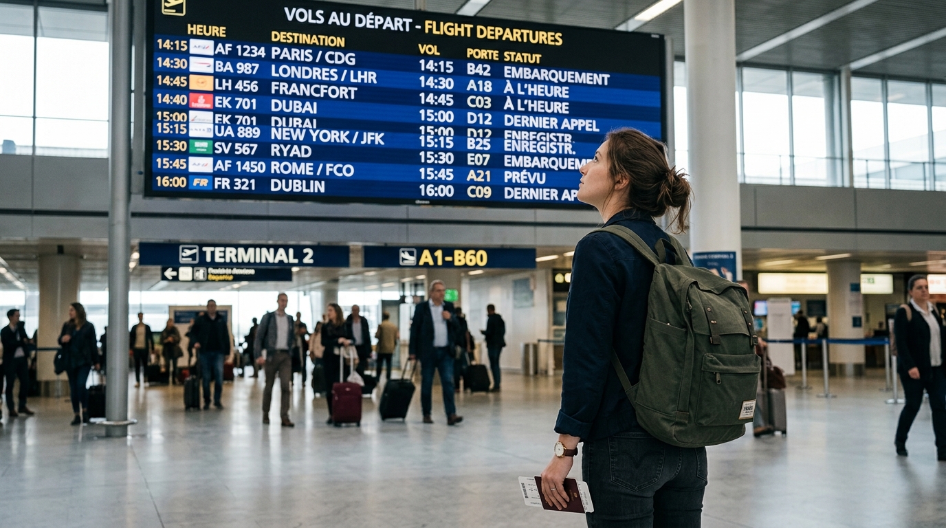 Passager à l'aéroport face à un panneau de vol surbooké American Airlines