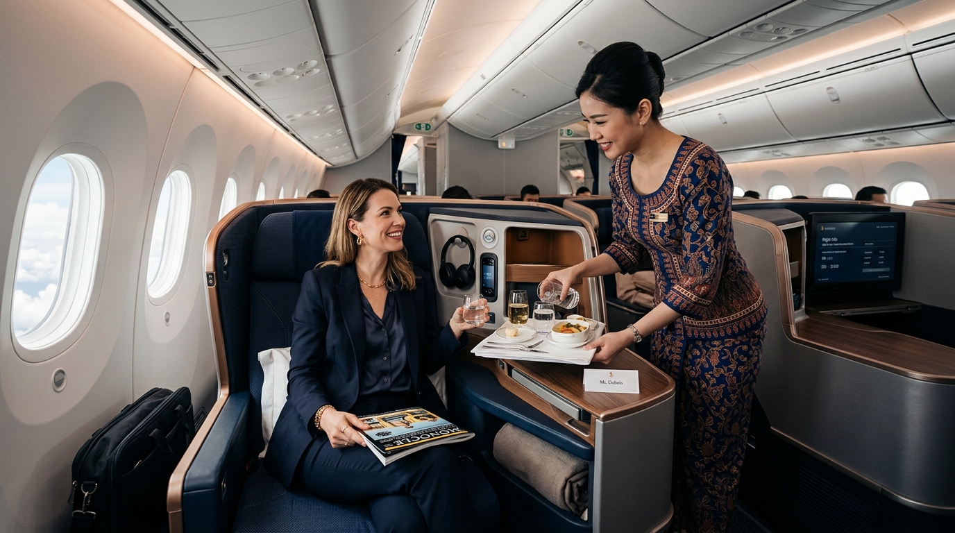 Passager en classe affaires dans un avion américain avec service premium