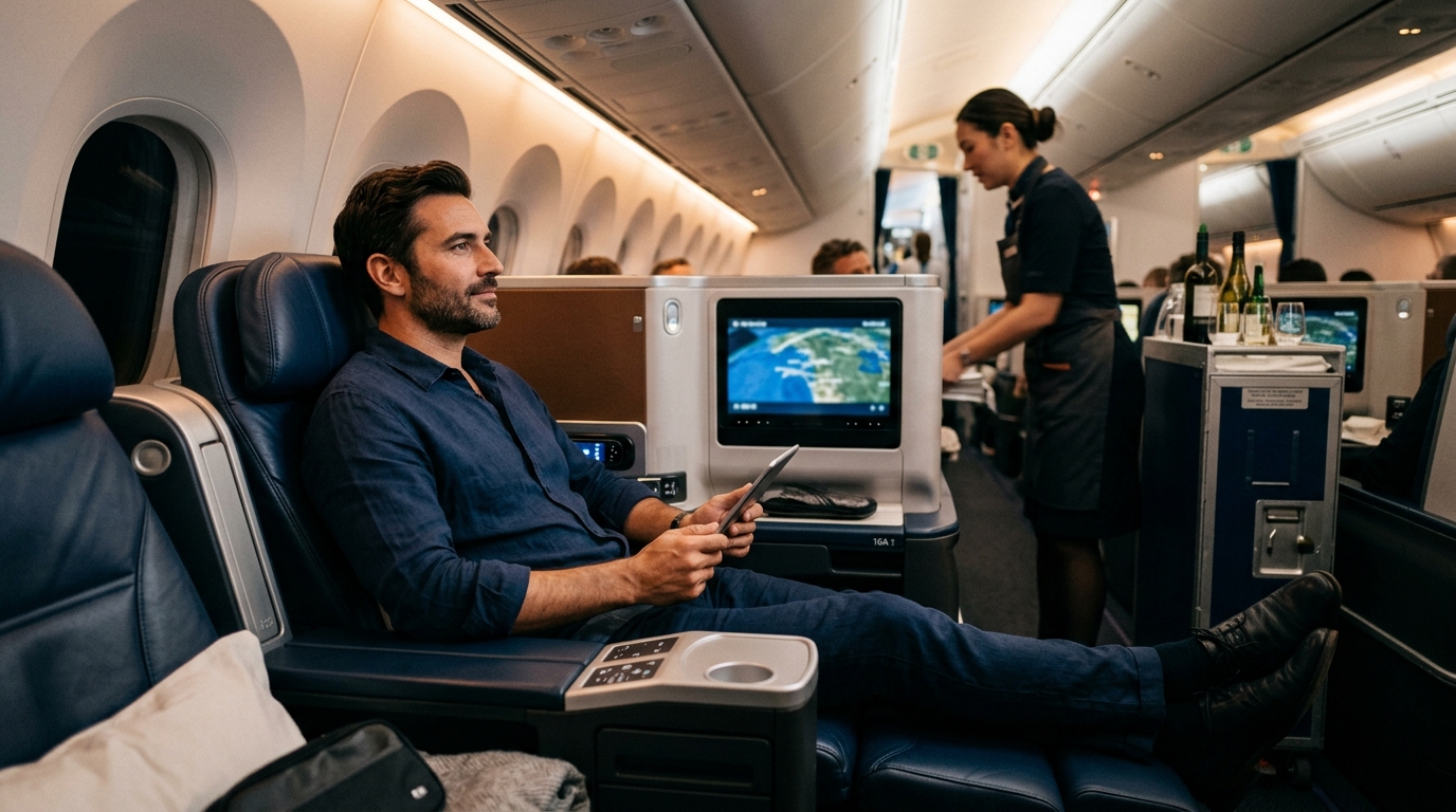 Passager en classe affaires Qatar Airways profitant de miles Avios