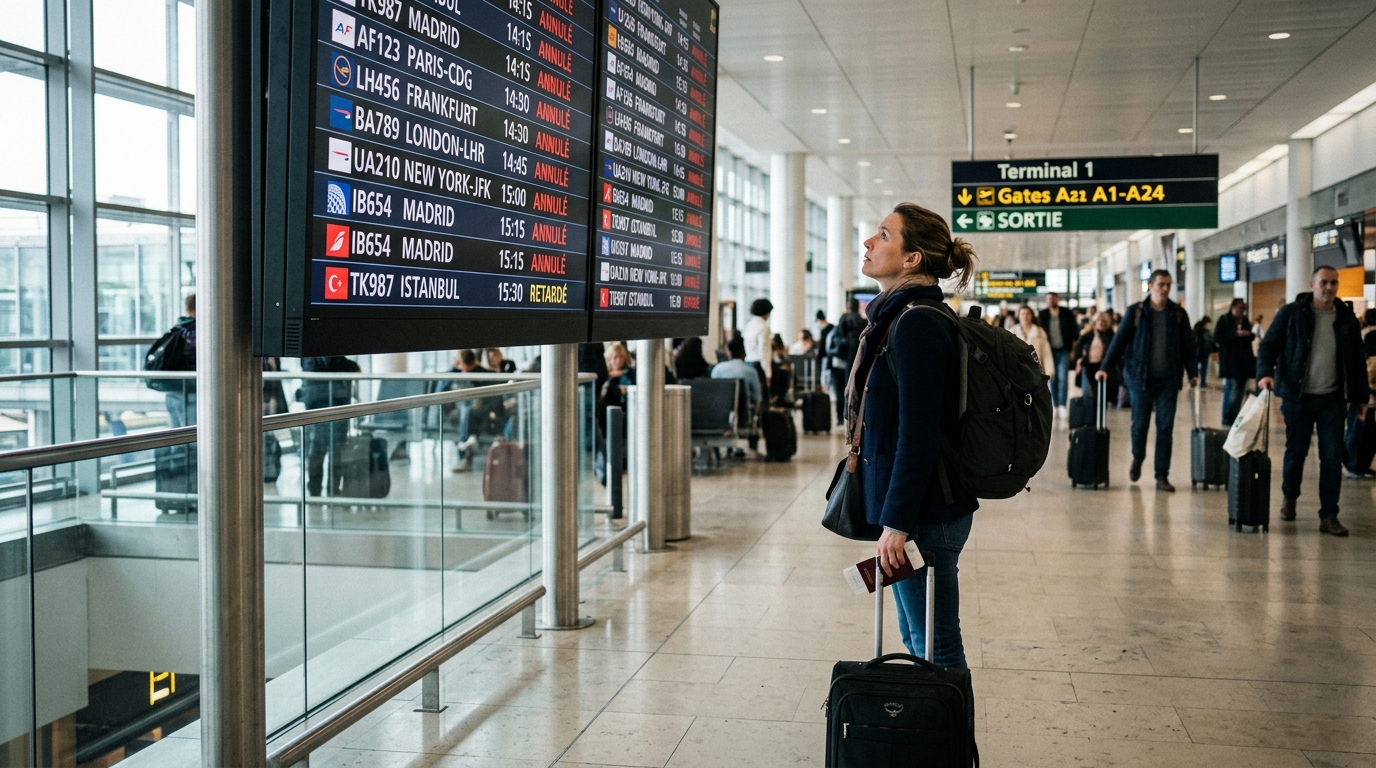 Passager regardant un tableau d'affichage avec vols annulés dans un aéroport
