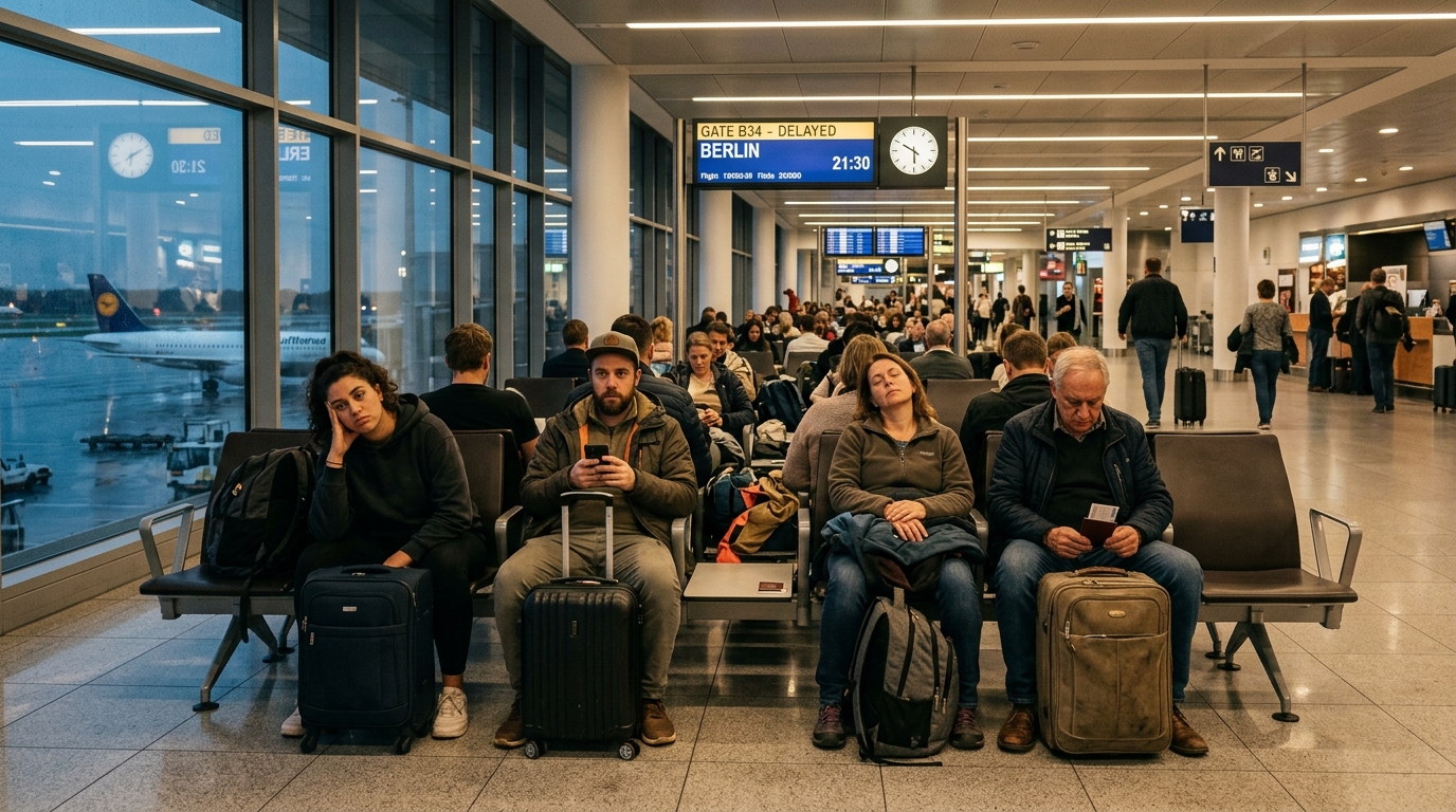 Passagers attendant dans un aéroport après un incident de sécurité