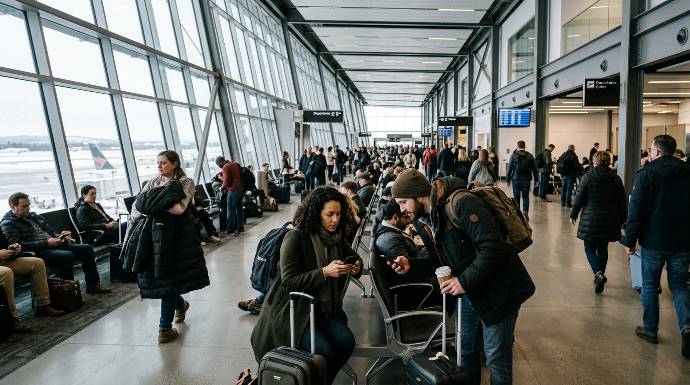 Passagers dans un aéroport britannique consultant leur téléphone pour comparer des vols easyJet