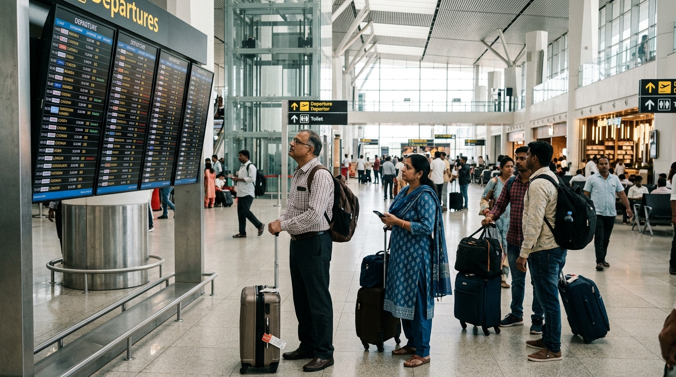 Passagers dans un aéroport indien devant des écrans de départ Air India