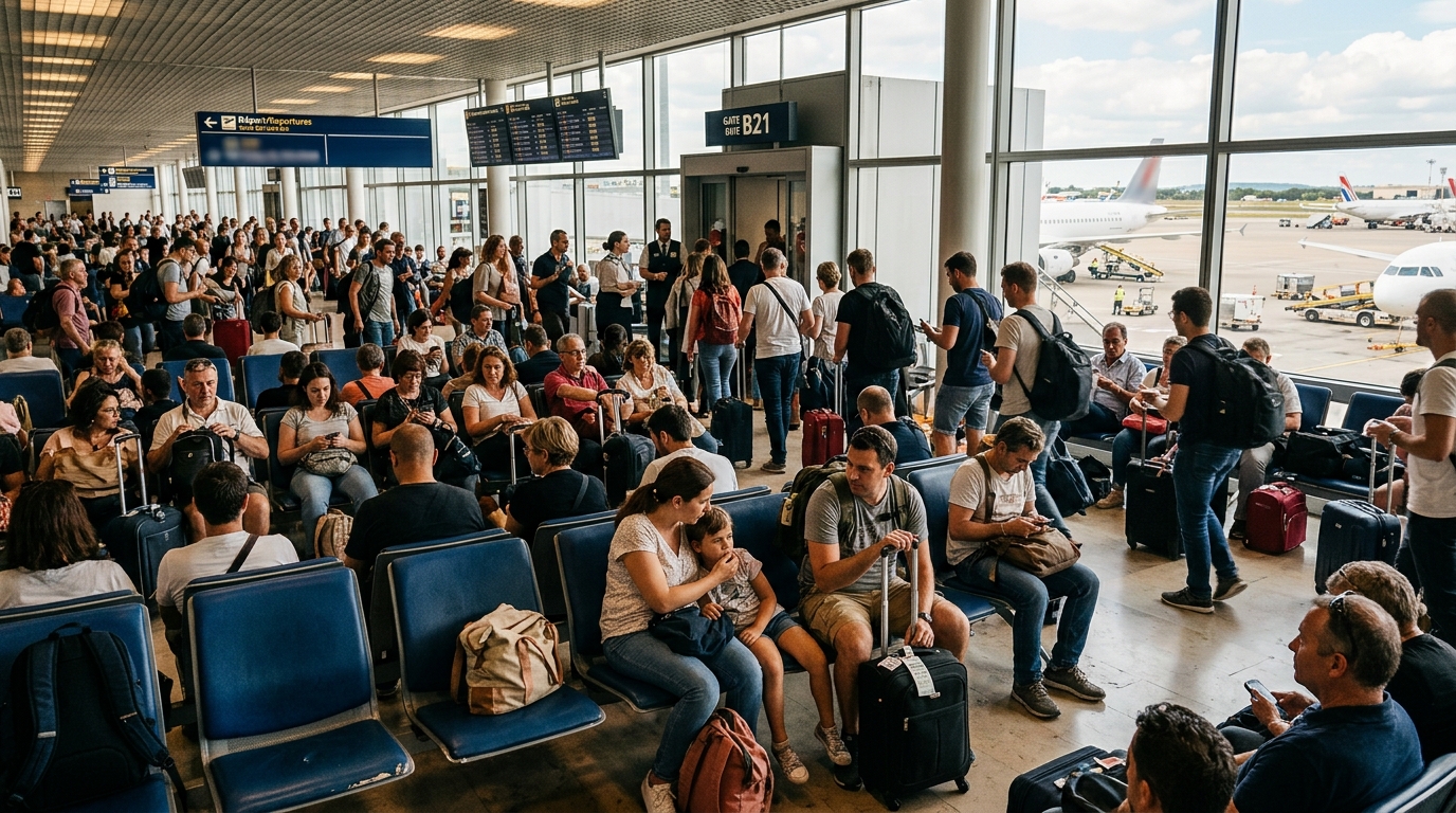Passagers en salle d'embarquement d'un aéroport low-cost