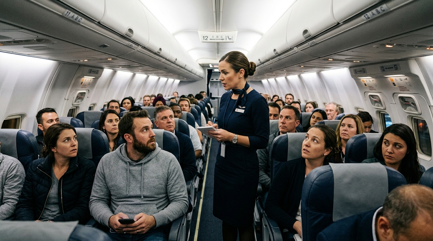 Cabine d'avion United Airlines avec passagers lors d'un incident en vol