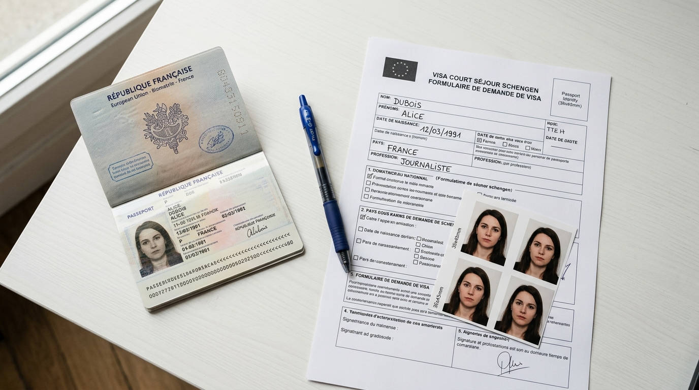 Passeport ouvert avec documents de voyage et formulaire de visa sur une table