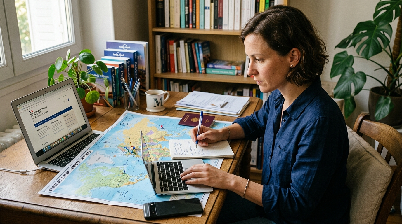 Personne consultant une carte du monde avec un ordinateur portable ouvert sur un site d'ambassade