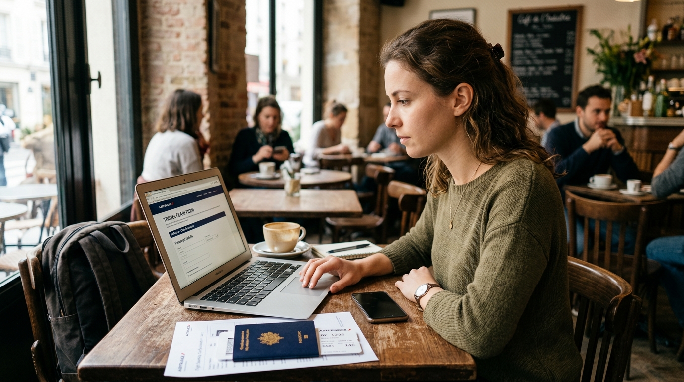 Personne remplissant un formulaire de réclamation sur un ordinateur portable dans un café