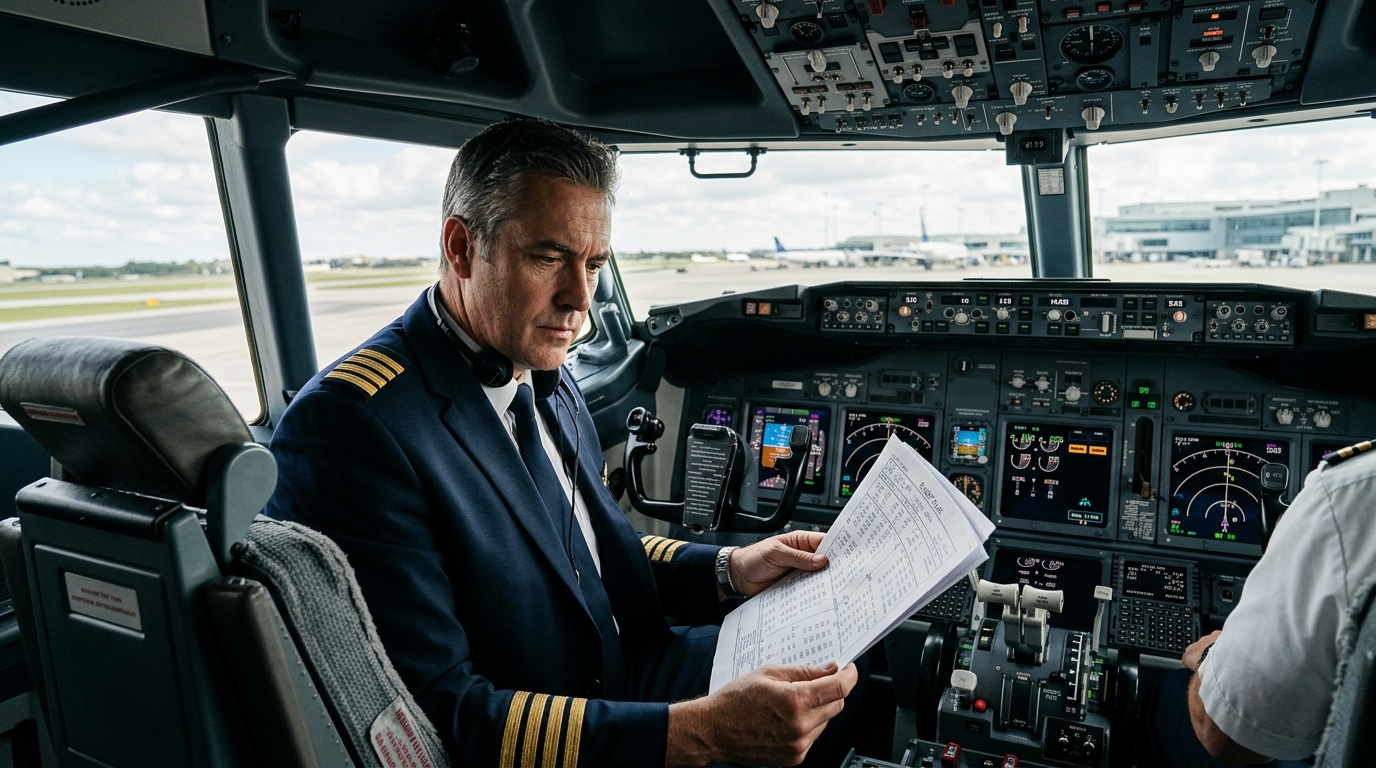 Pilote consultant un plan de vol papier dans le cockpit avant le décollage
