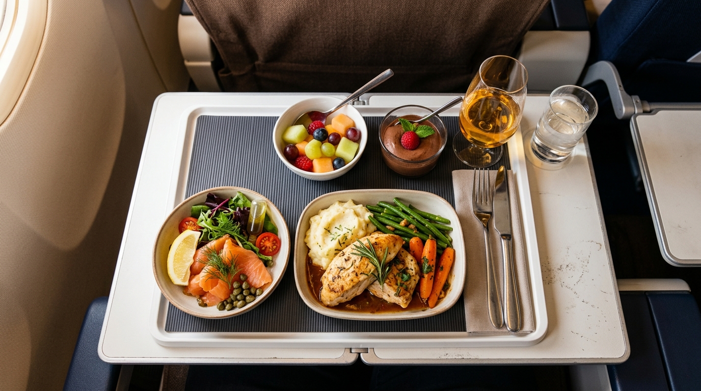 Plateau repas amélioré servi en Premium Economy sur un vol international