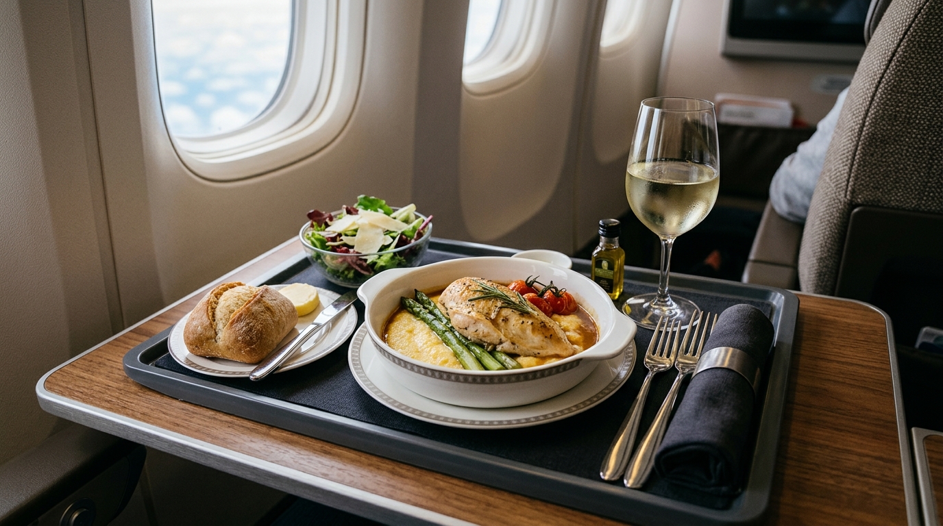 Plateau repas Premium Economy EVA Air avec service soigné à bord