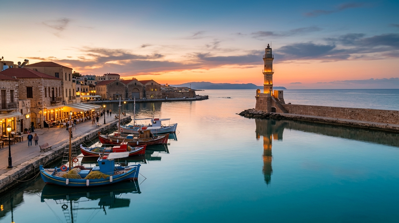 Port vénitien de Chania en Crète à l'automne avec reflets dans l'eau