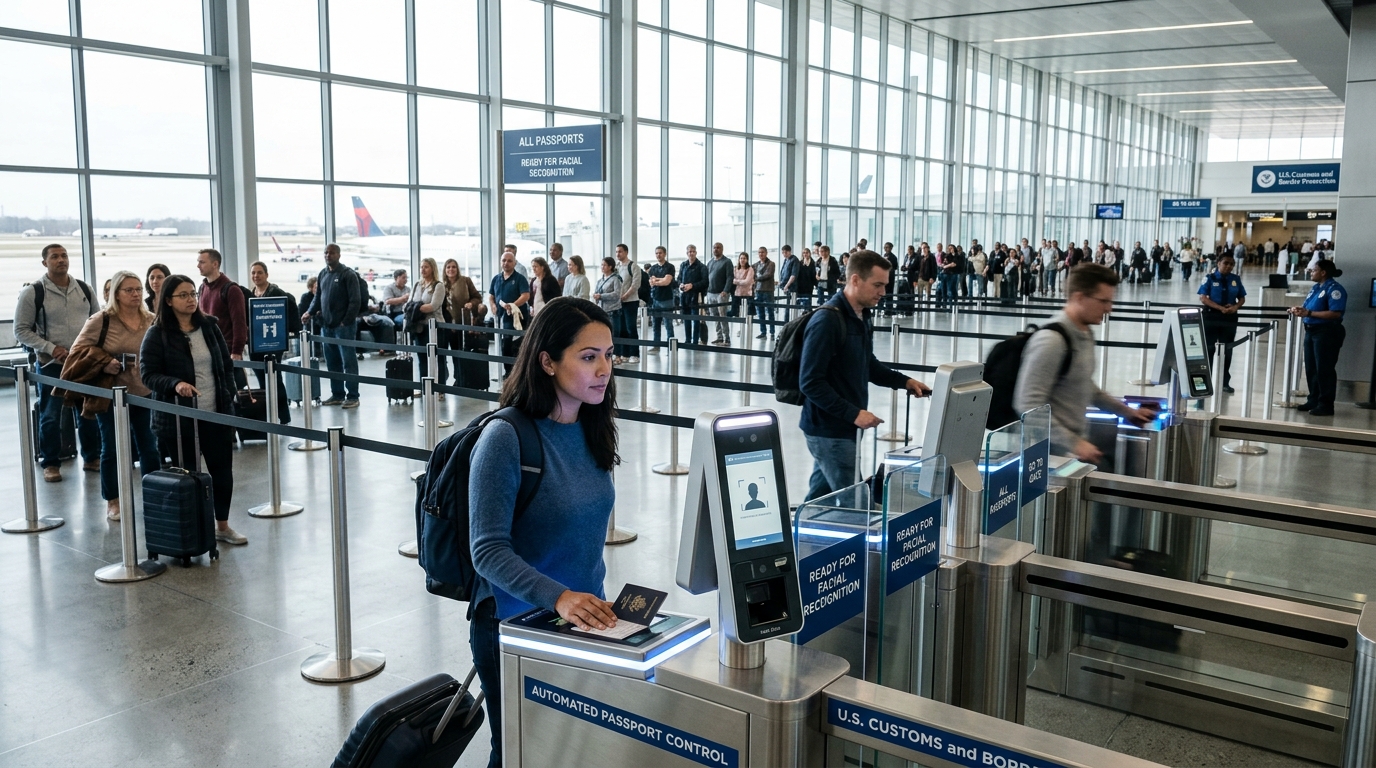 Voyageurs dans un terminal moderne d'aéroport américain avec technologie biométrique