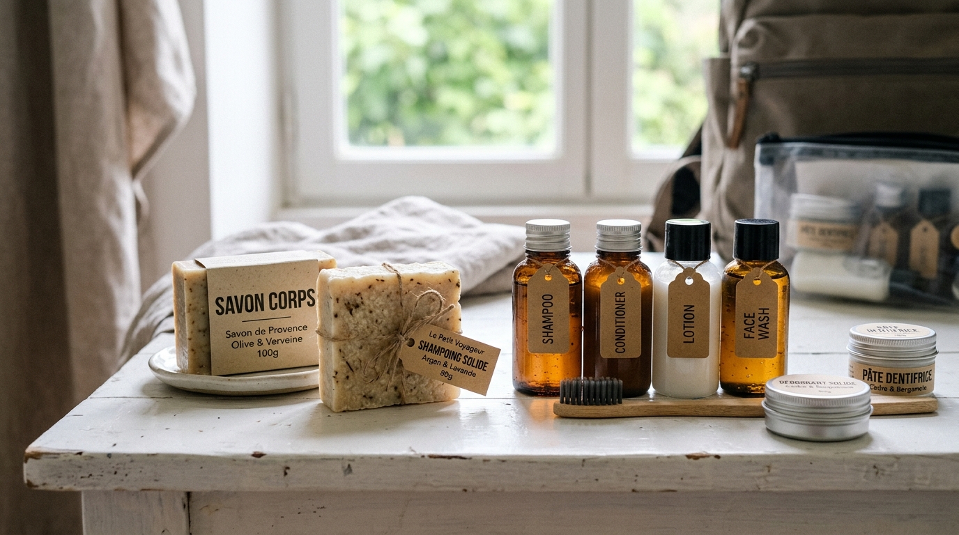 Produits de toilette solides et miniatures alignés pour un voyage léger en bagage cabine