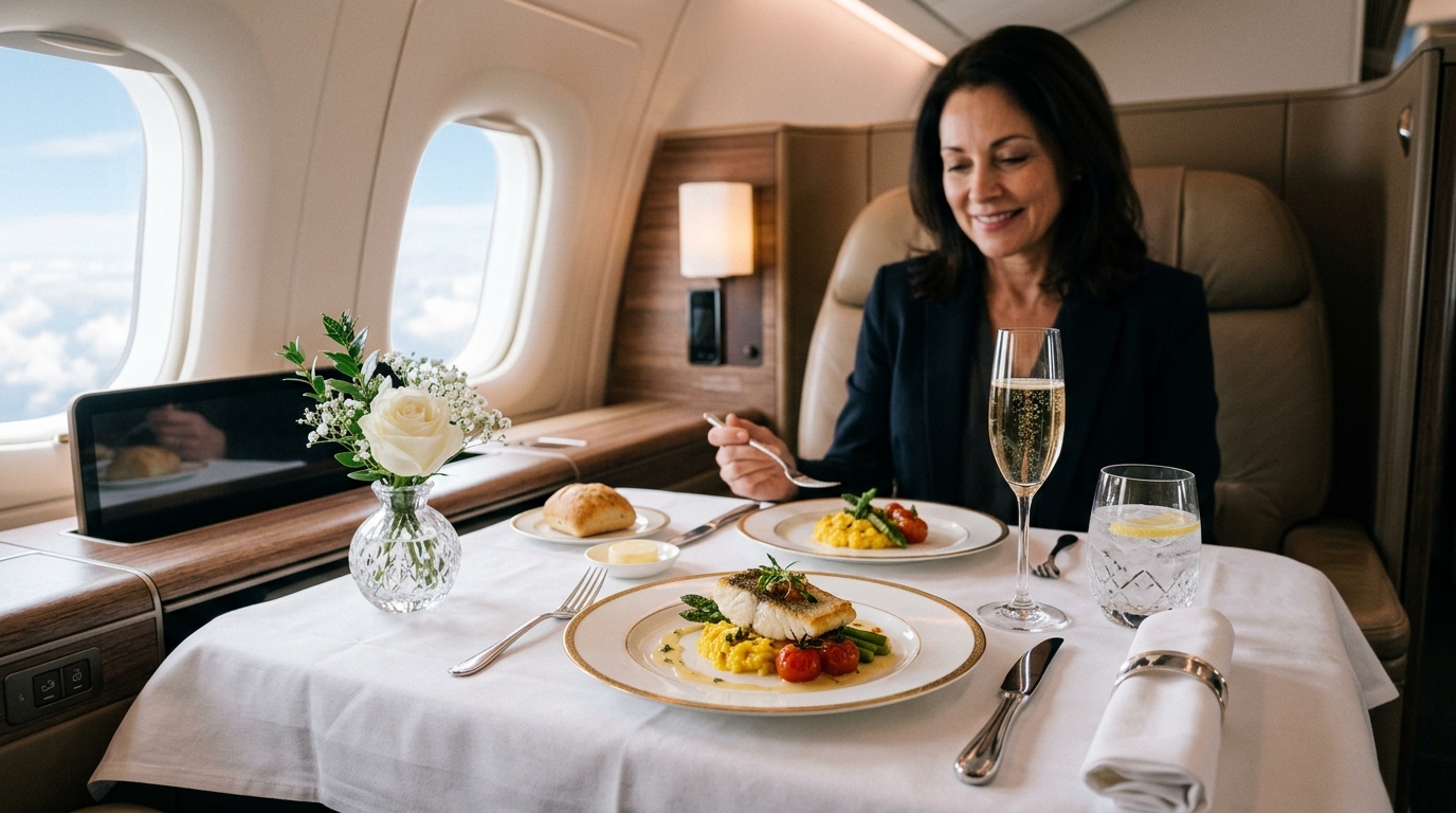 Repas gastronomique servi dans une suite première classe à bord d'un avion