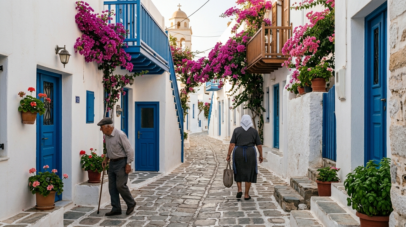 Vue sur le village de Naoussa à Paros avec maisons blanches et mer bleue