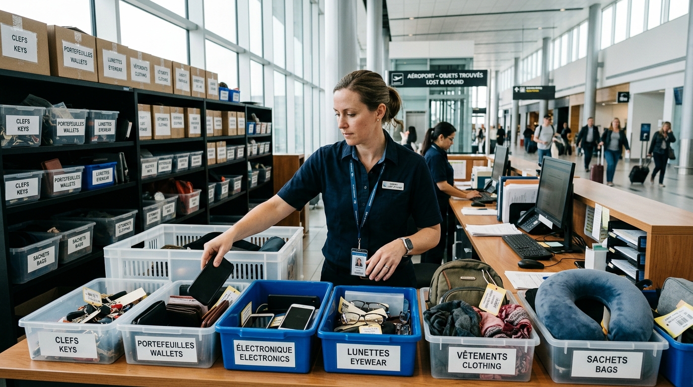 Service objets trouvés d'un aéroport avec des bagages et effets personnels récupérés