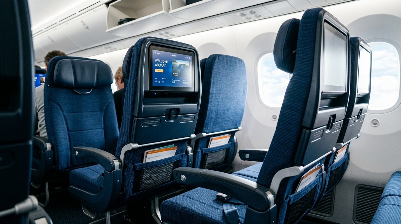 Cabine économique rénovée d'un Airbus A380 Emirates avec nouveaux sièges et écrans de divertissement