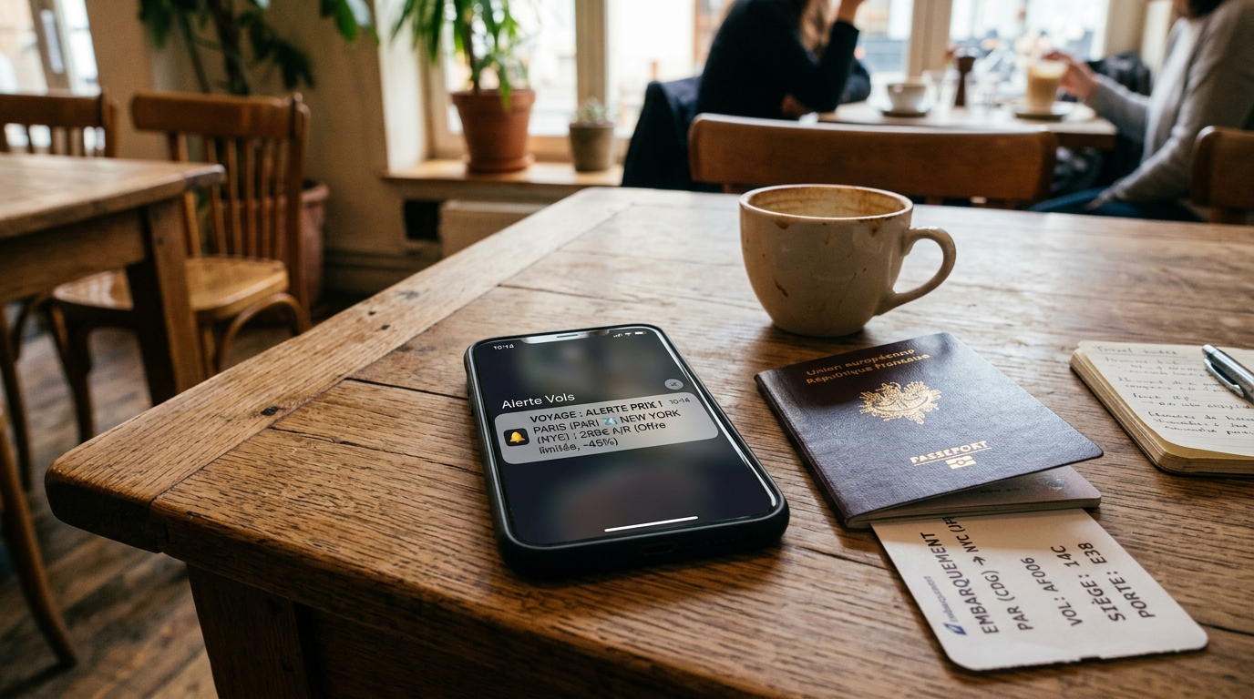 Tableau de bord d'alertes de prix de vol sur smartphone avec notifications de baisse tarifaire