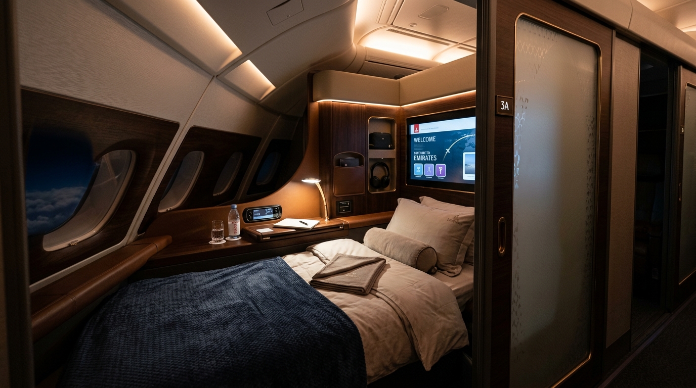 Suite première classe luxe en avion avec lit plat et cloison privative