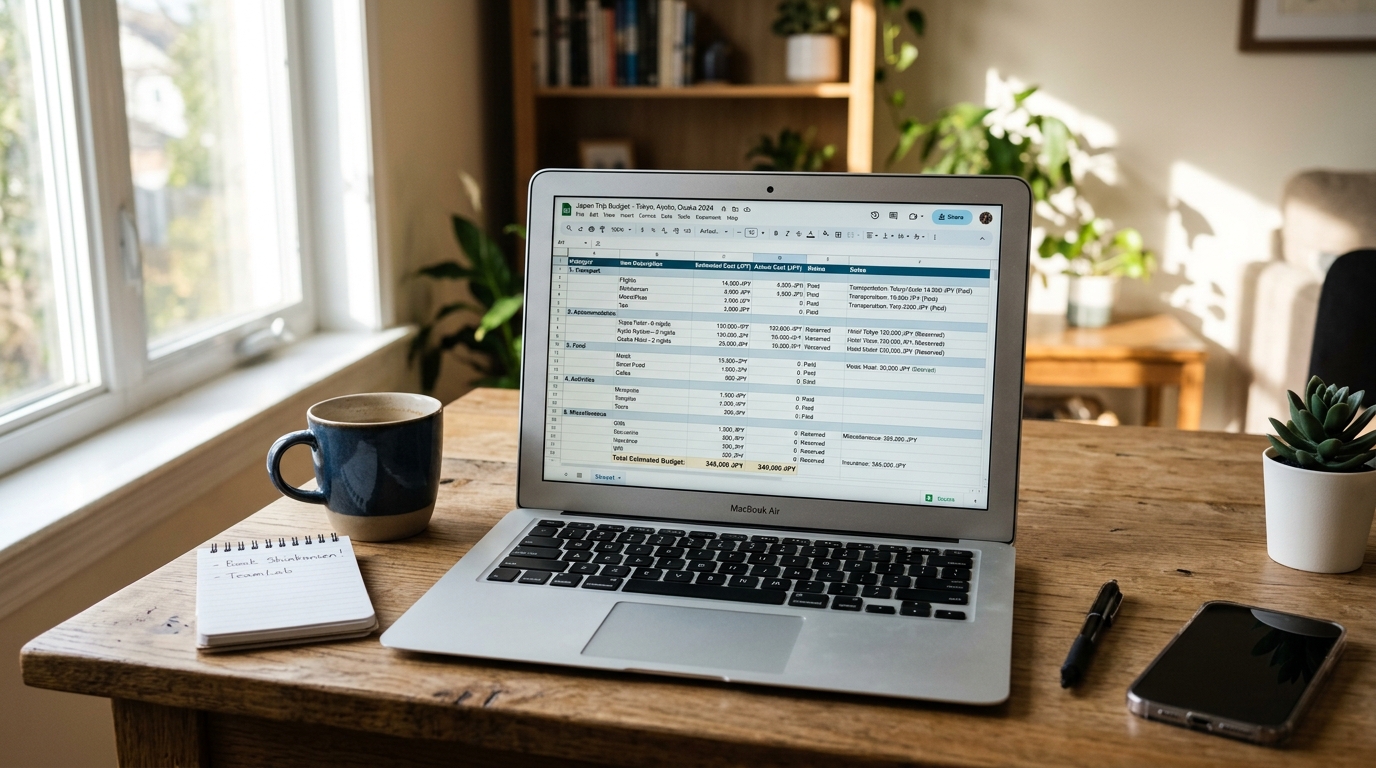 Tableau de budget voyage avec postes de dépenses détaillés sur un ordinateur portable