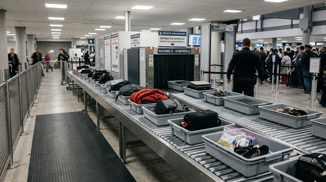 Voyageur passant le contrôle de sécurité aéroportuaire avec son bagage cabine