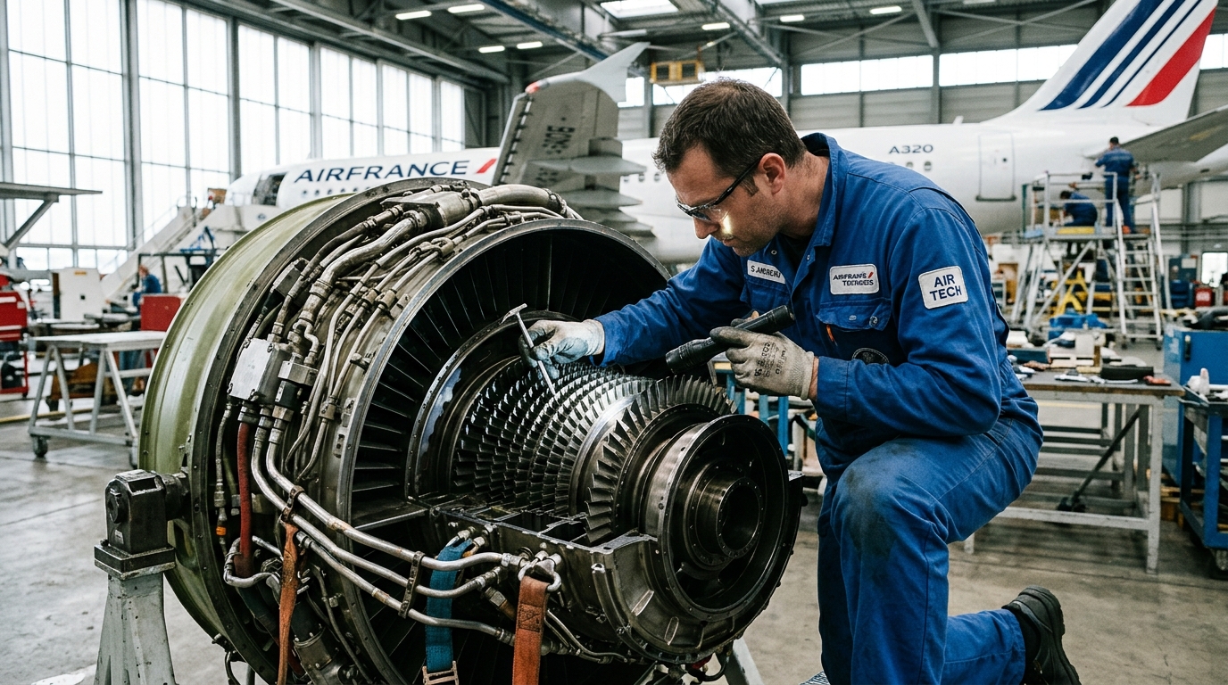 Technicien aéronautique inspectant un moteur d'avion dans un hangar