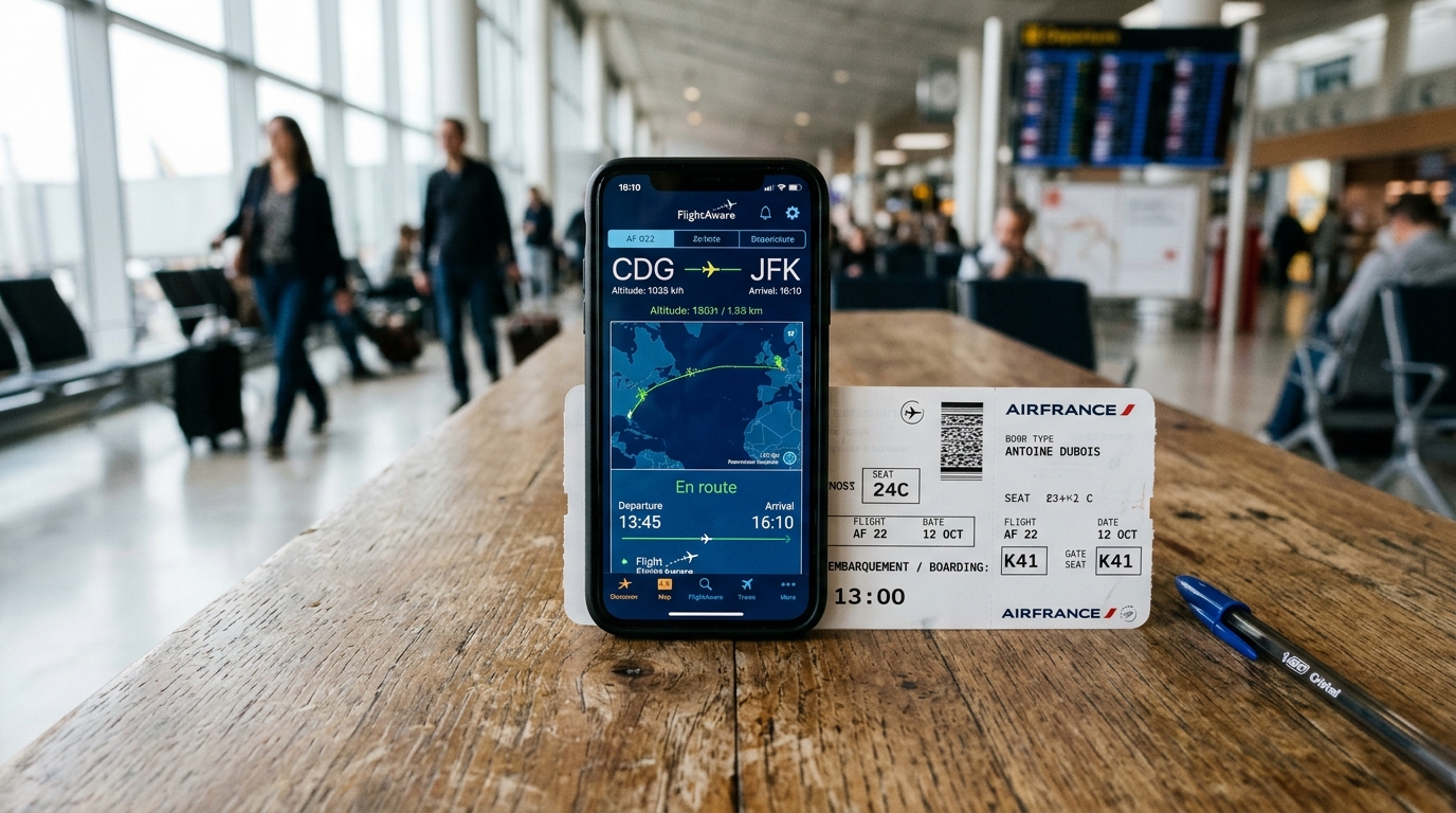 Téléphone avec application de suivi de vol et documents de voyage posés sur une table