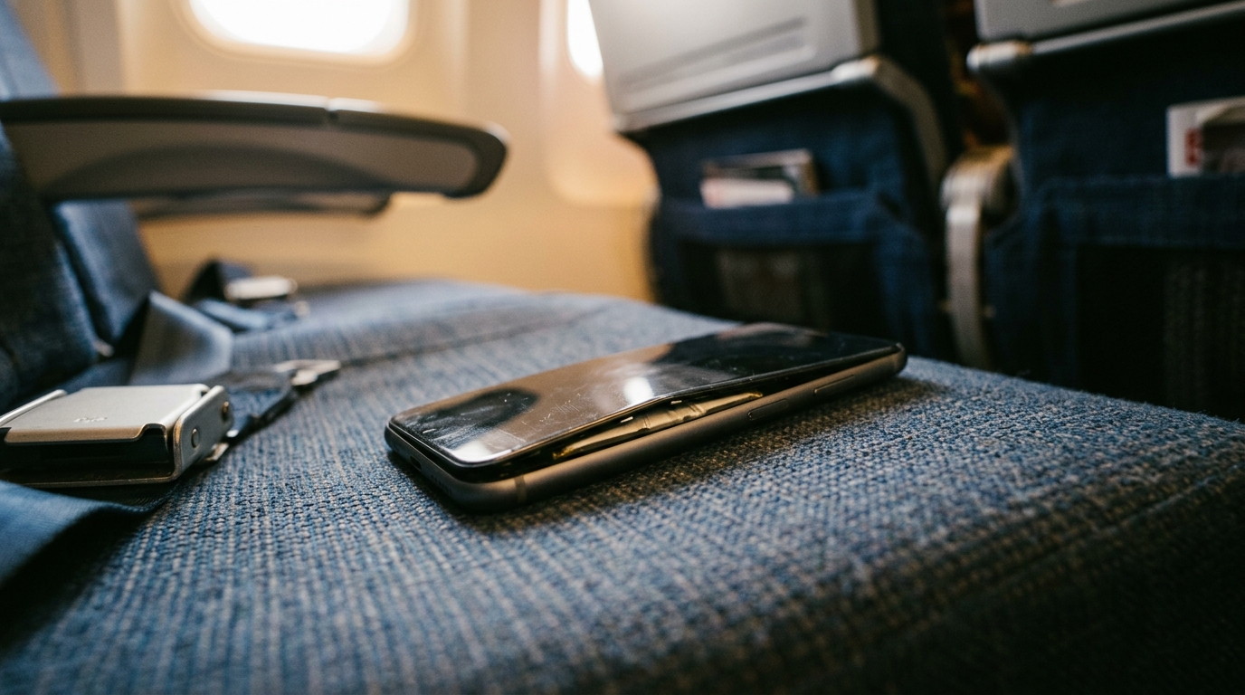Téléphone portable avec batterie surchauffée posé sur un siège d'avion