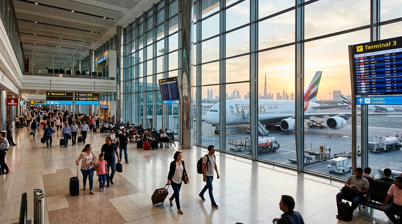Terminal 3 aéroport de Dubaï avec Airbus A380 Emirates au sol
